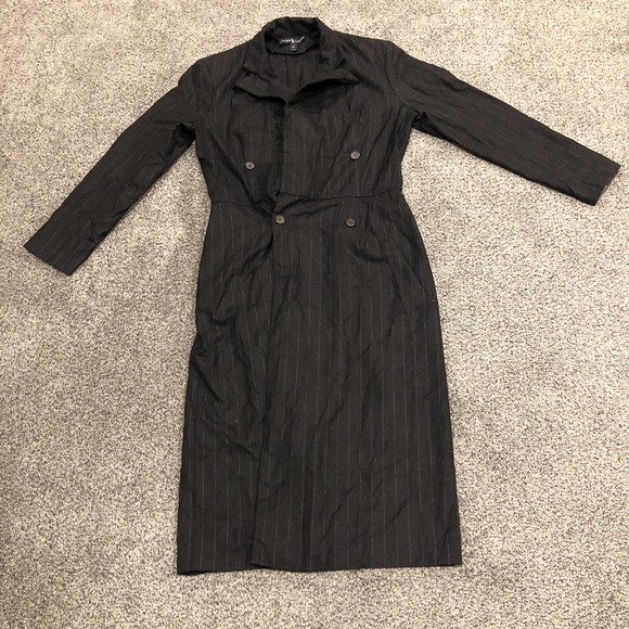Ralph Lauren Jacket Womens 12 Black Wool Pinstripe Long Duster Trench Coat - Picture 1 of 10